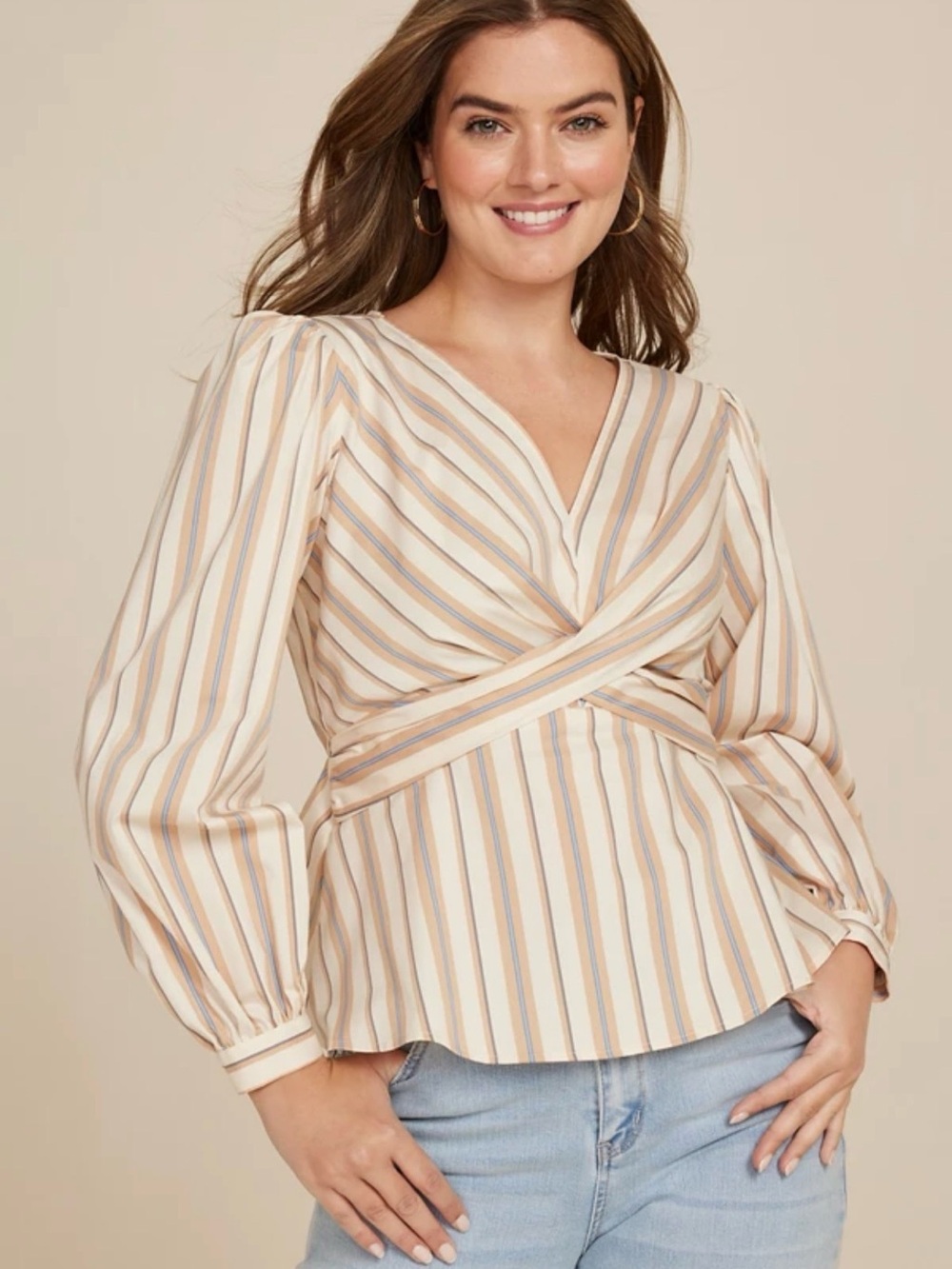Maurices Cream and Tan Striped Wrap Blouse